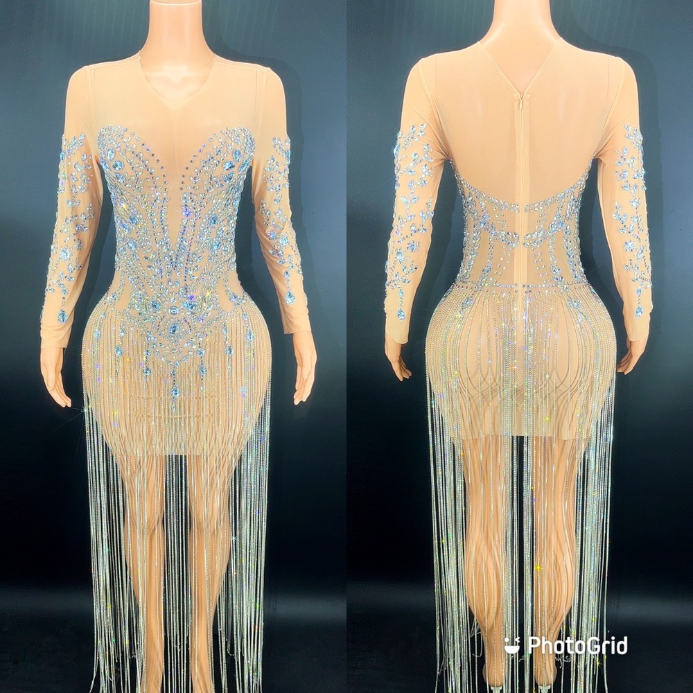 Diamond Women Crystal Tassel Birthday Transparent Dress See Through Mesh Dress